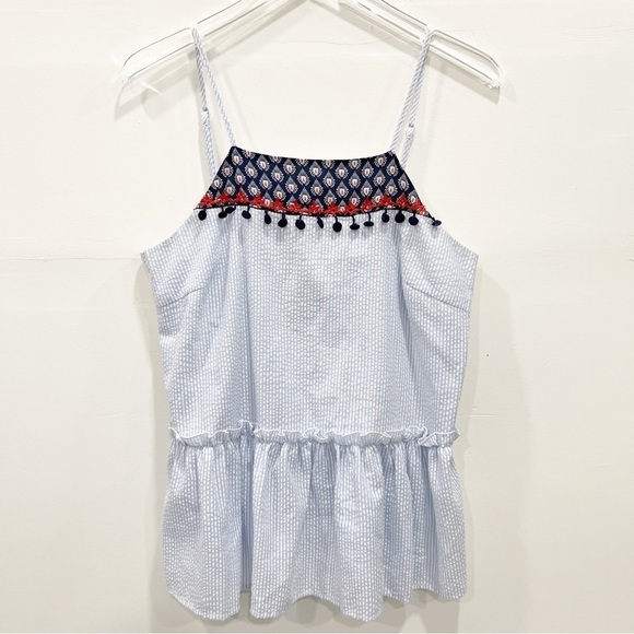 Stitch Fix THML Ruffle Peplum Tassel Top Size Medium Nautical Blue Stripe - Picture 1 of 8